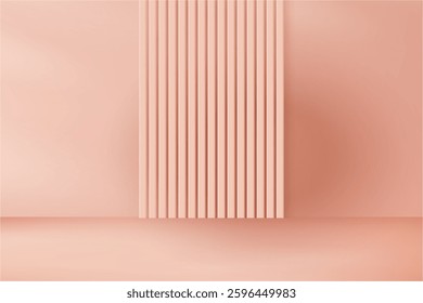 Presentation display of product. Vector realistic background for advertisement or commercial. Minimalist backdrop for cosmetics or goods on sale. Platform scenery with railing, pink scenery decoration