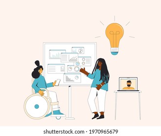 Presentation. Diverse group of professionals working together on a project. Remote teamwork. Coworkers talking at brainstorming business meeting. Vector illustration.