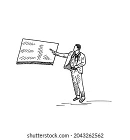 Presentación.	un médico está explicando sus conclusiones en una presentación en una sala de conferencias. Pizarra.	Ilustración vectorial de boceto retro vintage. Estilo de grabado. negro aislado sobre fondo blanco. vector 