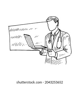 Présentation.	un médecin prépare du matériel pour une présentation en classe.	Illustration vintage dessinée à la main. Style de gravure. noir isolé sur fond blanc. image vectorielle création graphique 