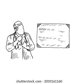 Presentation. a doctor is presenting his findings on the blackboard. Retro vintage sketch vector illustration. Engraving style. black isolated on white background. vector draw graphic design 