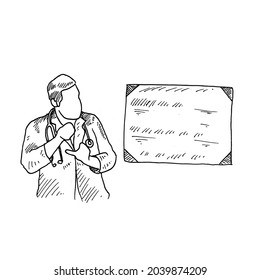 Presentation.	a doctor is presenting his findings on a blackboard.	Retro vintage sketch vector illustration. Engraving style. black isolated on white background. vector draw graphic design 