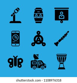 presentation, drum, van, chemical weapon, butterfly, drum, smartphone, microphone and oboe vector icon. Simple icons set