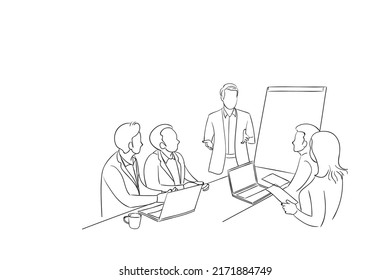 Presentation during business meeting in the office. Hand drawn vector illustration design.