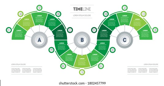 Presentation of Eco Business with fifteen options. Infographic in the form of wave, consisting of 15 parts divided into 3 segments of 5 parts. Diagram of green technology.