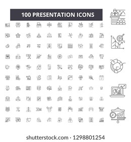 Presentation editable line icons, 100 vector set, collection. Presentation black outline illustrations, signs, symbols
