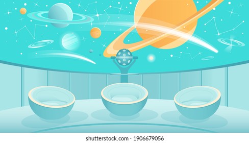 Präsentation, Erziehung und Entdeckung Galaxie, Universum, Sterne und Planet als Saturn unter dem Dome Planetarium. Projektionskonstellation, Sonnensystem, Mond und Weltraum. Domlierte Stühle auf Hintergrund