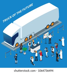 Presentation Of Electric Truck Of Future, Isometric Composition On Blue Background With Business Persons, Reporters, Vector Illustration