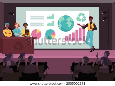 Presentation of environmental problems. Man and women at scientific seminar. Eco activists and volunteers near graphs and diagrams. Ecological presentation. Flat vector illustration