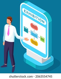 Presentation of exhibition structure concept. Businessman next to promotional billboard with advertising poster. Man standing near stand with announcement. Advertising sign about exhibition program