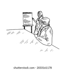 Presentation. a female doctor is presenting her findings to a male doctor in the meeting room	Retro vintage sketch vector. illustration.Engraving style. black isolated on white background. vector draw