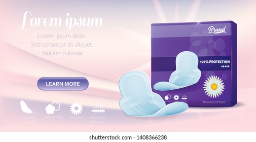 Presentation Feminine Fixable Cotton Pads with Wings Landing Page. Realistic Pack and Single Menstruation Blood Absorbent Example. Vector 3d Illustration with Place for Promotional Text on Color Space