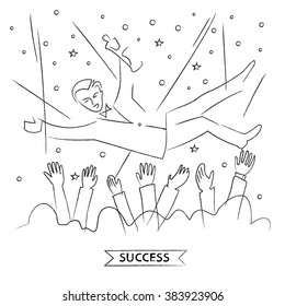 Presentation of the film award to the actor. Popularity and fame. Throw up the actor. Get rewarded for their work. The award ceremony. Vector illustration. Linear sketch.