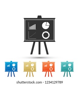 Presentation financial business board with graph, chart, diagram, pie graph icon isolated on white background. Infographic board sign. Set elements in colored icons. Flat design. Vector Illustration