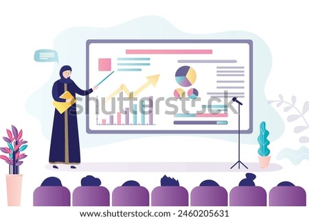 Presentation or financial literacy course. Arabic woman, business trainer talking about proper personal budgeting. Calculation of income and expenses, money management. Viewers at conference hall.