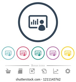 Presentation flat color icons in round outlines. 6 bonus icons included.