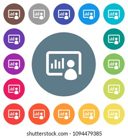 Presentation flat white icons on round color backgrounds. 17 background color variations are included.