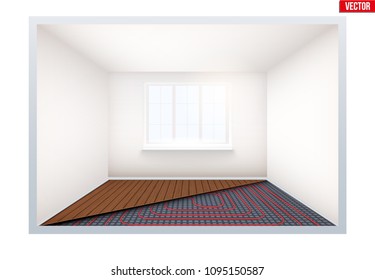 Presentation of Floor heating system. Empty room with heating floor and window. Simple interior without furnish and furniture. Ways of installing pipes under cover. Vector Illustration