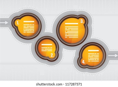 Presentation flow chart template with four interlinked numbered text bubbles signifying different components or steps in the process with incoming and outgoing directional arrows