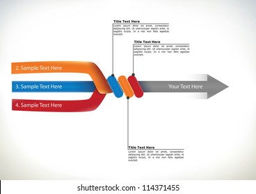 Presentation flow chart with three component arms uniting to form a single directional arrow conceptual of components, streamling and teamwork