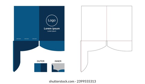 Presentation folder template die cut stamp. Empty folder template for A4 documents and business card with lock. Vector black isolated circuit, line folder on white background.