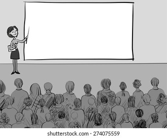 Presentation - a girl with a pointer near the board and the silhouette of a group of people listeners. Or lecturer and students. Vector background illustration