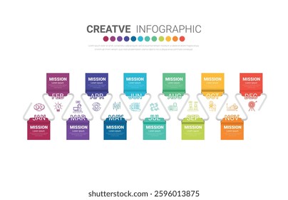 Presentation graph, Business infographics template for 12 months, 1 year, can be used for Business concept with 12 options, steps or processes. EPS Vector.