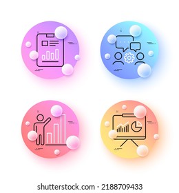 Presentation, Graph chart and Engineering team minimal line icons. 3d spheres or balls buttons. Report document icons. For web, application, printing. Vector