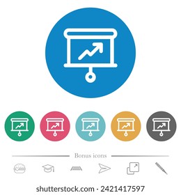 Presentation graph projection outline flat white icons on round color backgrounds. 6 bonus icons included.