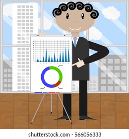 Presentation graphics and charts. Business man shows company annual results in graphic. Vector illustration