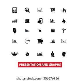 presentation, graphs, charts, diagrams black isolated icons, signs, illustrations for web, application, internet on white background