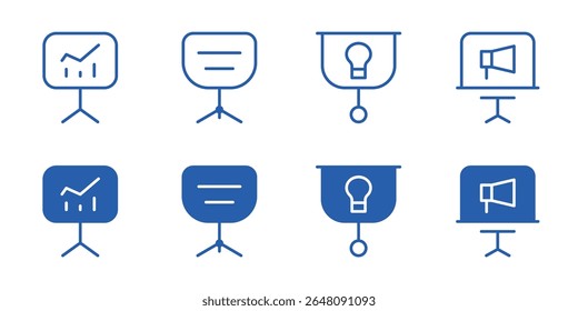 Presentation and Growth Chart Icon Set. Business Slides, Graphs, and Board Symbols in Line and Solid Styles