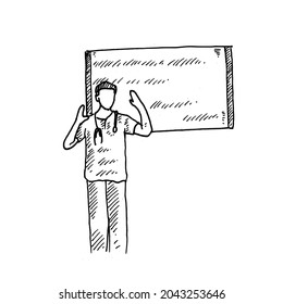 Präsentation.	ein gut aussehender Arzt demonstriert eine Technik, um einem Patienten zu helfen.	Retro Vintage Skizze Vektorgrafik. Gravur-Stil. schwarz einzeln auf weißem Hintergrund. Vektorgrafik