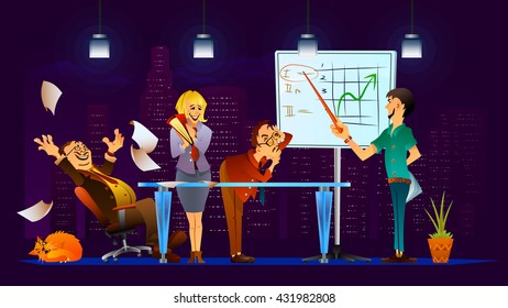 Presentation of high rating position of the company. Office teamwork vector illustration. Cheerful colleagues. 