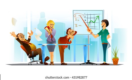 Presentation of high rating position of the company. Office teamwork vector illustration. Cheerful colleagues. 
