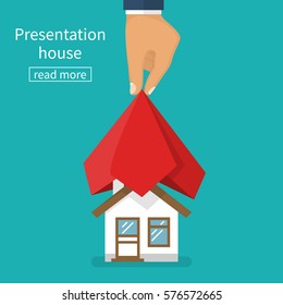 Presentation house. House covered with red silk cloth. Opening construction concept. Vector illustration flat design. Isolated on white background. Show home. Estate transaction.