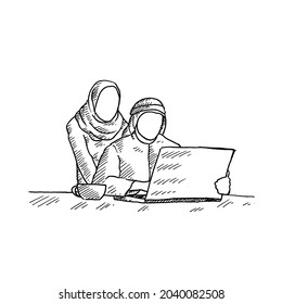 Presentation.	a husband is preparing presentation materials at home accompanied by his beloved wife. laptop and cup of coffee.	Retro vintage sketch vector illustration. Engraving style. black isolated