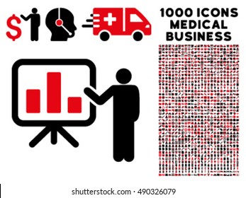 Presentation icon with 1000 medical business intensive red and black vector design elements. Design style is flat bicolor symbols, white background.