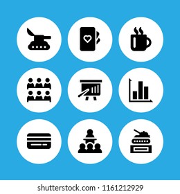 presentation icon. 9 presentation set with conference, tank, cards and mug vector icons for web and mobile app