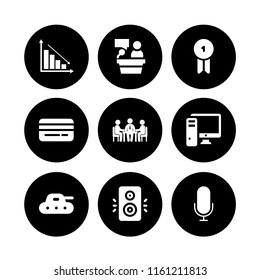 presentation icon. 9 presentation set with lectern, speaker, badge and card vector icons for web and mobile app