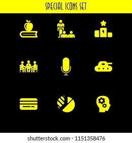 presentation icon. 9 presentation set with tank, card, class and microphone vector icons for web and mobile app