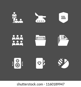 presentation icon. 9 presentation set with tank, conference, class and speaker vector icons for web and mobile app