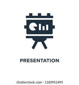 Presentation icon. Black filled vector illustration. Presentation symbol on white background. Can be used in web and mobile.