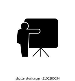 Icono de presentación en glifo plano negro, estilo relleno aislado en fondo blanco