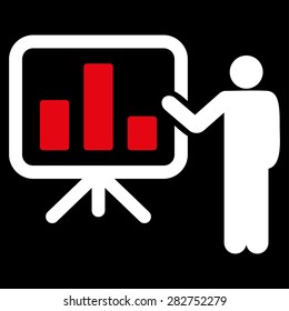 Presentation icon from Business Bicolor Set. Collection style: flat bicolor symbols, red and white colors, rounded angles, black background.