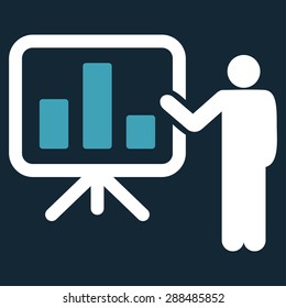 Presentation icon from Business Bicolor Set. Vector style: flat bicolor symbols, blue and white colors, rounded angles, dark blue background.