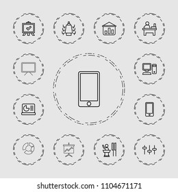 Presentation icon. collection of 13 presentation outline icons such as board, table, graph on board, equalizer, meeting, phone. editable presentation icons for web and mobile.