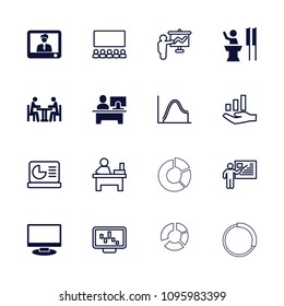 Presentation icon. collection of 16 presentation filled and outline icons such as meeting, speaker, table, graph on display. editable presentation icons for web and mobile.