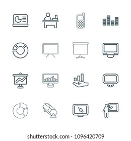 Presentation icon. collection of 16 presentation outline icons such as board, table, teacher, graph on board, pie chart. editable presentation icons for web and mobile.