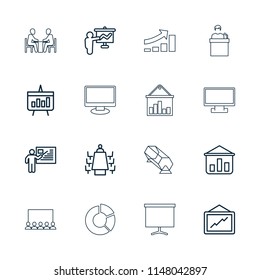 Presentation icon. collection of 16 presentation outline icons such as graph, teacher, graph on board, meeting, chart, lottery. editable presentation icons for web and mobile.
